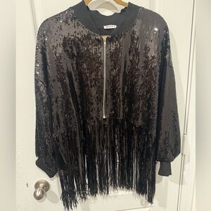 WHY Black Sequin Fringe Bomber Jacket